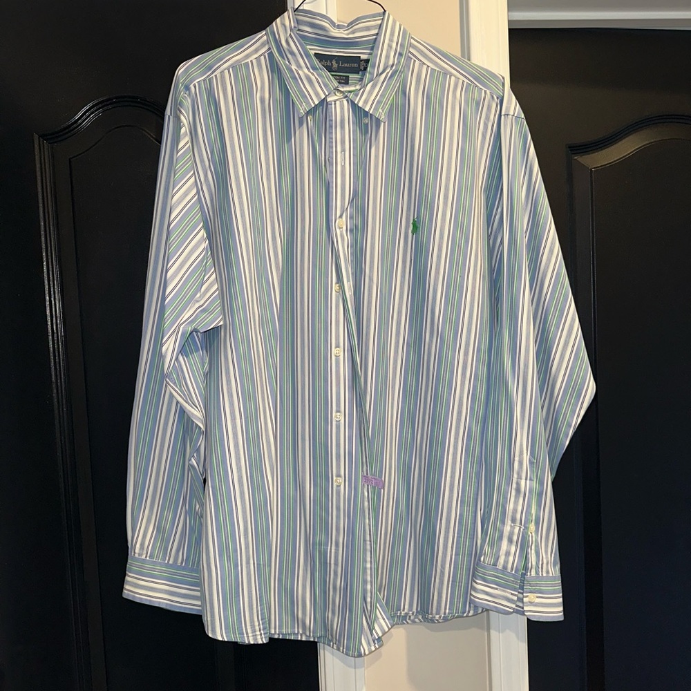 Ralph Lauren Blue and Green Striped Casual Button Down Shirt